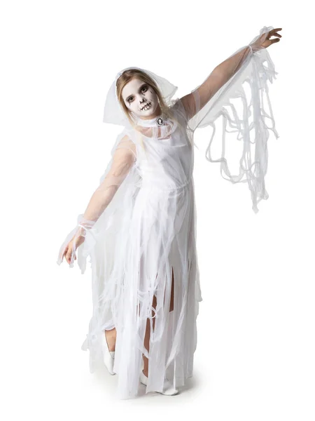 Malá Dívka Halloween Duch Kostým Tanec Studio Izolované Bílém Pozadí — Stock fotografie