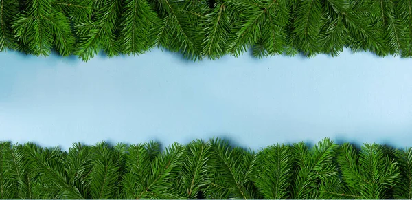 Textura Papel Azul Con Marco Borde Abeto Banner Tarjeta Navidad — Foto de Stock