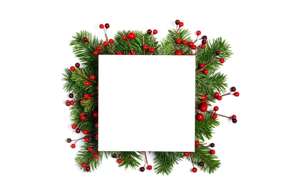 Tarjeta Blanca Blanco Navidad Con Espacio Copia Decoración Rama Abeto —  Fotos de Stock