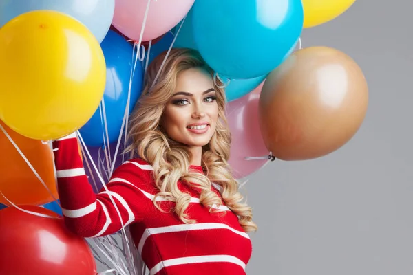 Happy Smiling Woman Many Colorful Party Balloons — Stockfoto