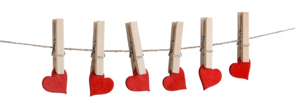 Clothes Pegs Red Wooden Hearts Rope Isolated White Background Royalty Free Stock Images