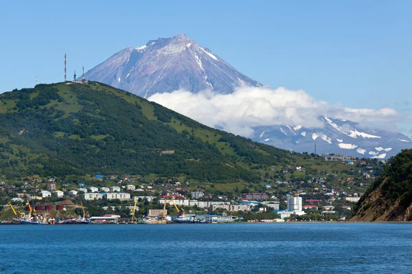 View of city Petropavlovsk-Kamchatsky, Avacha Bay and Koryaksky Volcano