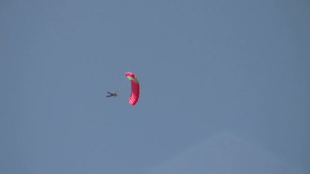 Skydiver pára-quedas descendo para a Terra . — Vídeo de Stock