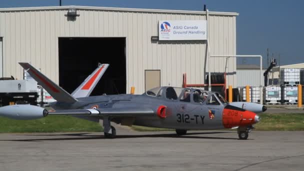 Fouga CM.170 Magister French two-seat jet trainer built 1950 rolling to tarmasc — Stock Video