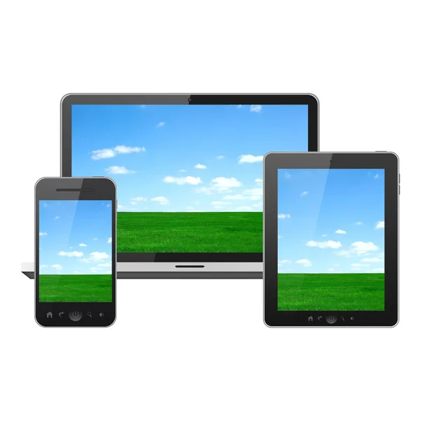 Tablet pc, telefone celular e notebook — Fotografia de Stock