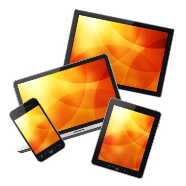Notebook, tablet pc, cep telefonu ve hd tv beyaz zemin üzerine izole
