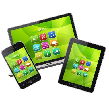 Not defteri, tablet bilgisayar ve cep telefonu beyaz arkaplanda izole edildi