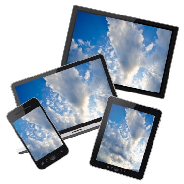 Notebook, cep telefonu, tablet pc ve hd tv beyaz zemin üzerine izole