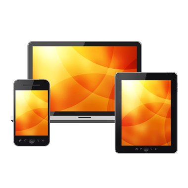 Beyaz arka plan üzerinde izole cep telefonu, notebook ve tablet pc