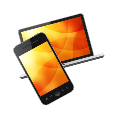 dizüstü bilgisayar ve cep telefonu beyaz zemin üzerine izole