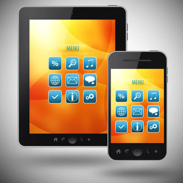 Tablet pc and mobile phone with red menu screen on gray background — Stock Photo, Image