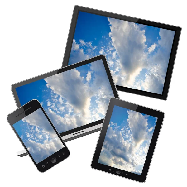 Laptop, mobiele telefoon, tablet pc en hd tv geïsoleerd op witte achtergrond — Stockfoto