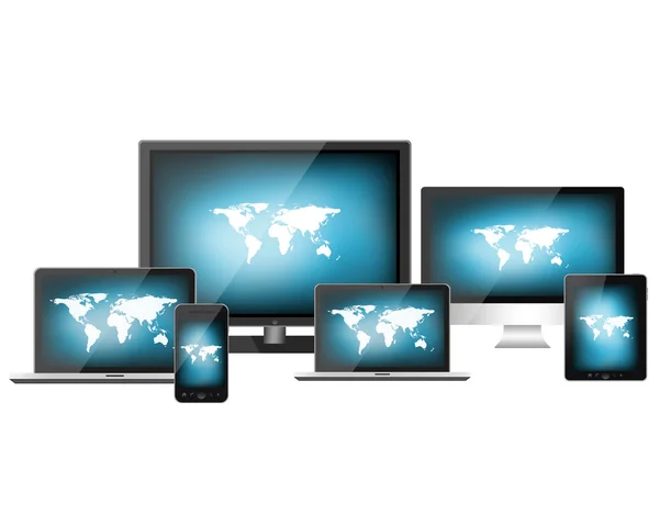 Tablet pc, mobiele telefoon, computer, laptop en hd tv — Stockfoto
