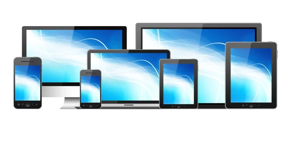 Tablet PC, teléfono móvil, computadoras, computadora portátil y TV de alta definición — Foto de Stock