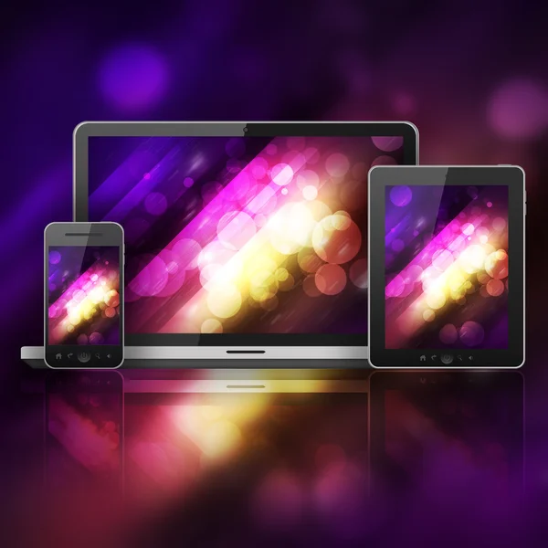 Bärbara datorer, tablet pc och mobila telefon över abstrakt bakgrund — Stockfoto