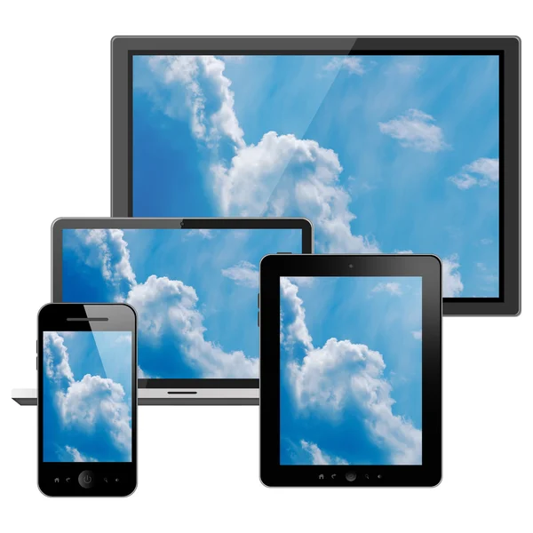 Tablet pc, mobiele telefoon, laptop en hd tv — Stockfoto