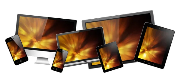 Cuaderno, tablet PC, teléfono móvil y computadora — Foto de Stock