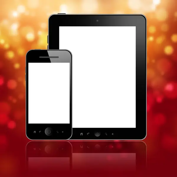 Tablet with phone on red — Stock Photo, Image