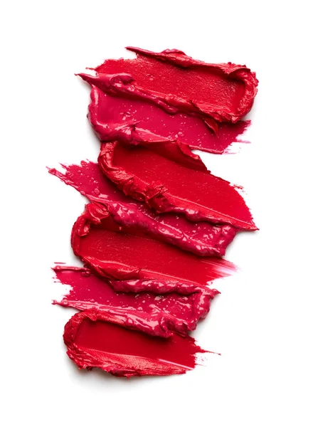 Conjunto Manchas Lápiz Labial Rojo Rosa Aisladas Sobre Fondo Blanco —  Fotos de Stock