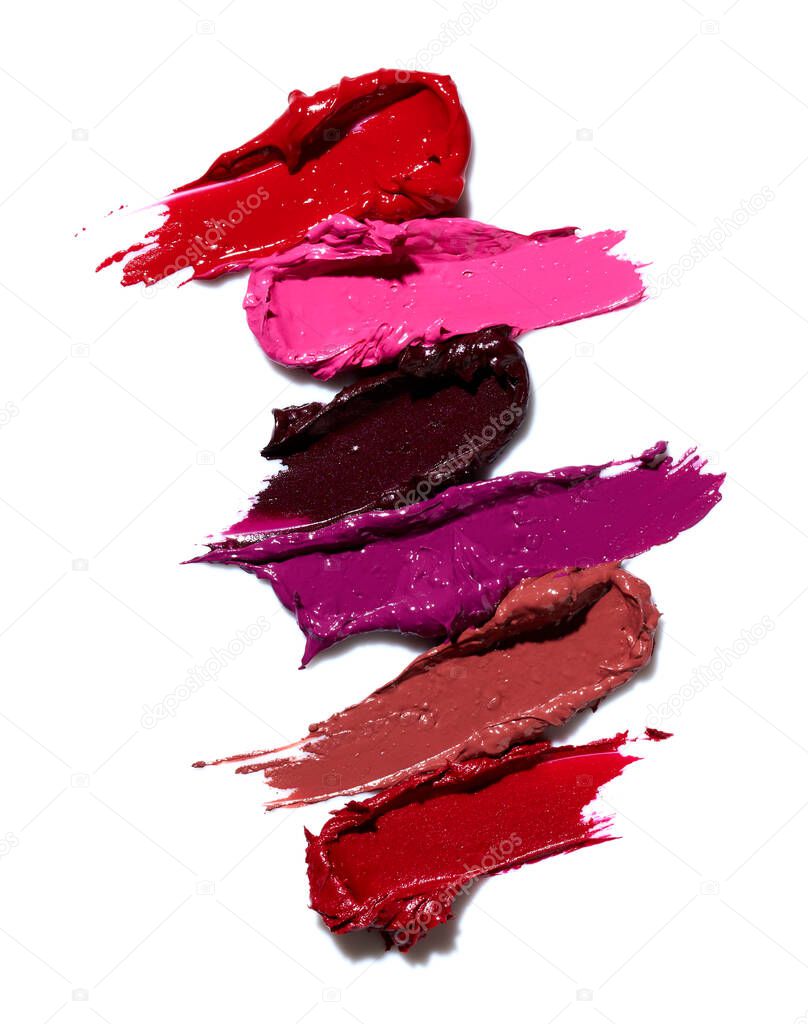 Set of lipstick swatches different colors isolated on white background