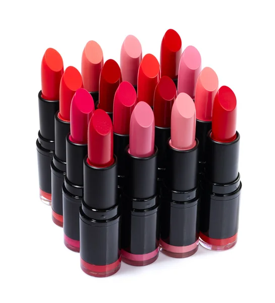 Lipsticks Verschillende Kleuren Geïsoleerd Witte Achtergrond — Stockfoto