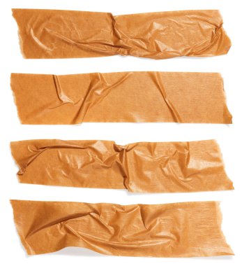 Torn piece of beige adhesive tape isolated on white background. Crumpled stripe of eco friendly paper adhesive tape