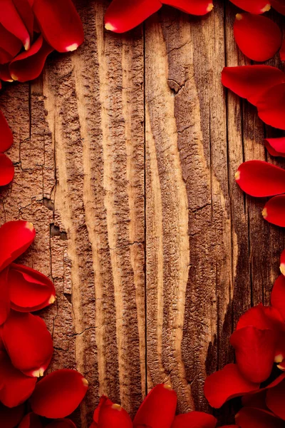 Frame Petals Red Roses Vintage Wooden Planks Backdrop — Stock Photo, Image