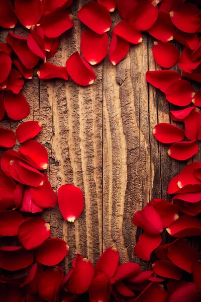 Frame Petals Red Roses Vintage Wooden Planks Backdrop — Stock Photo, Image