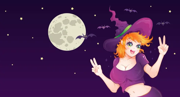 Wektorowa Ilustracja Czarownicy Księżyca Halloween Stylu Mangi Wektor Ilustracja Sexy — Wektor stockowy