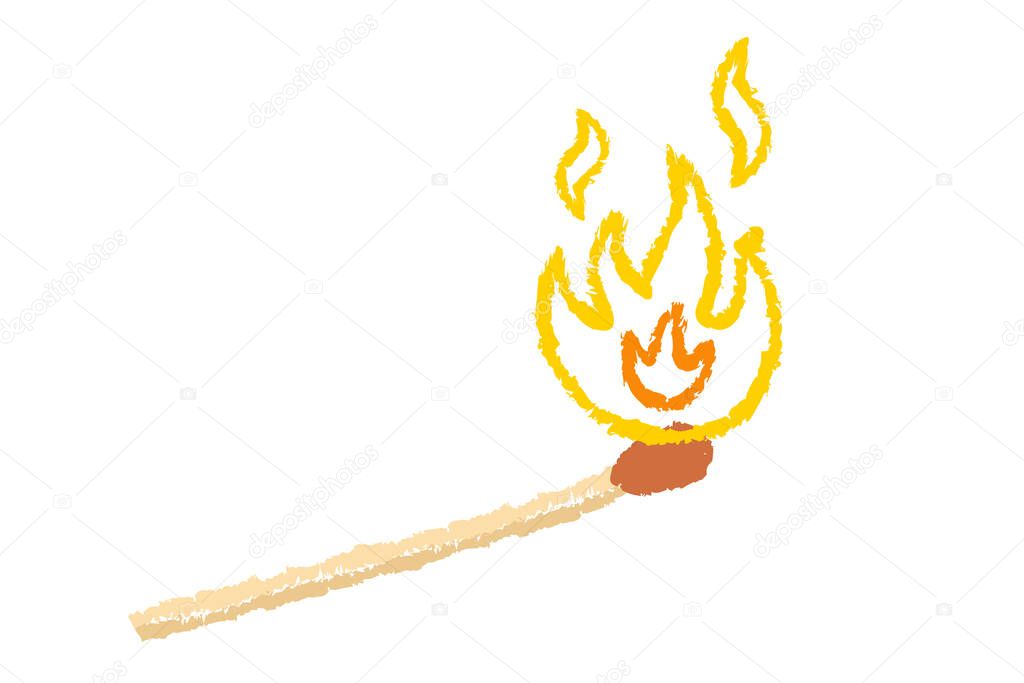 Vector retro illustration of a match with fire in hand drawing style. Vintage icon of match with flame.