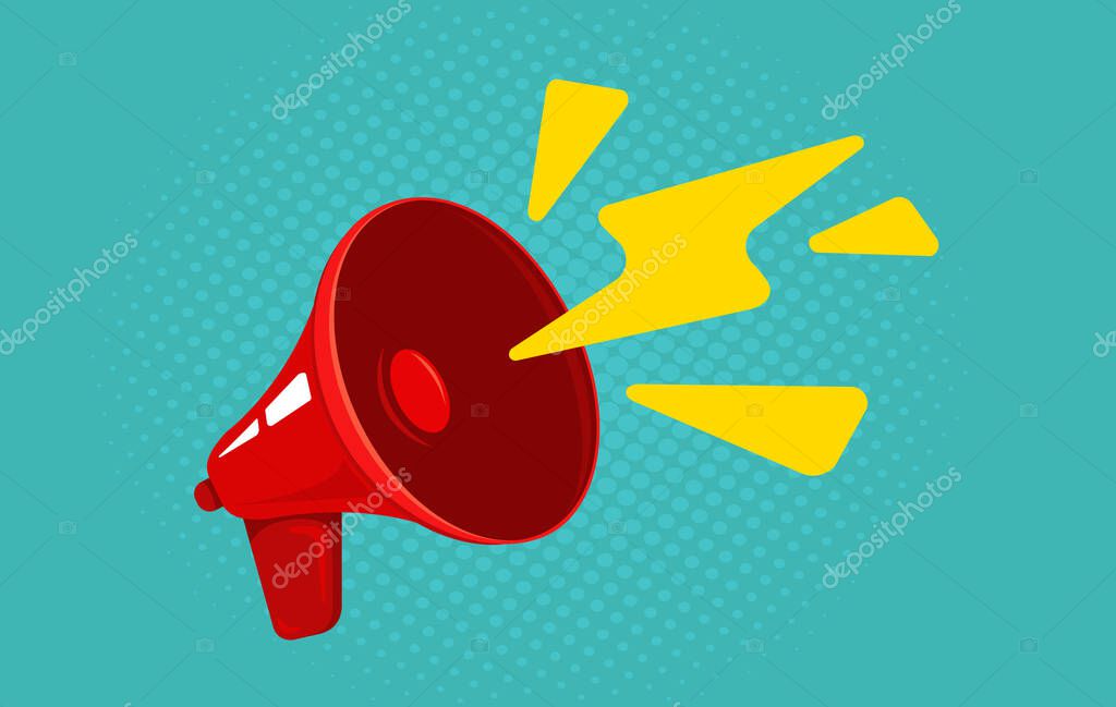 Vector icon of vintage red megaphone. Vector retro red megaphone on vintage bacground