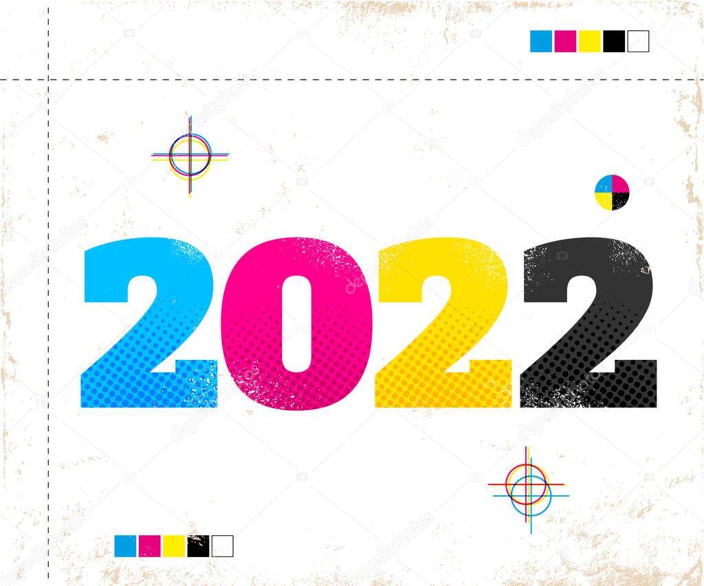 Vector vintage poster with 2022 in CMYK style. Retro poster for new year 2022