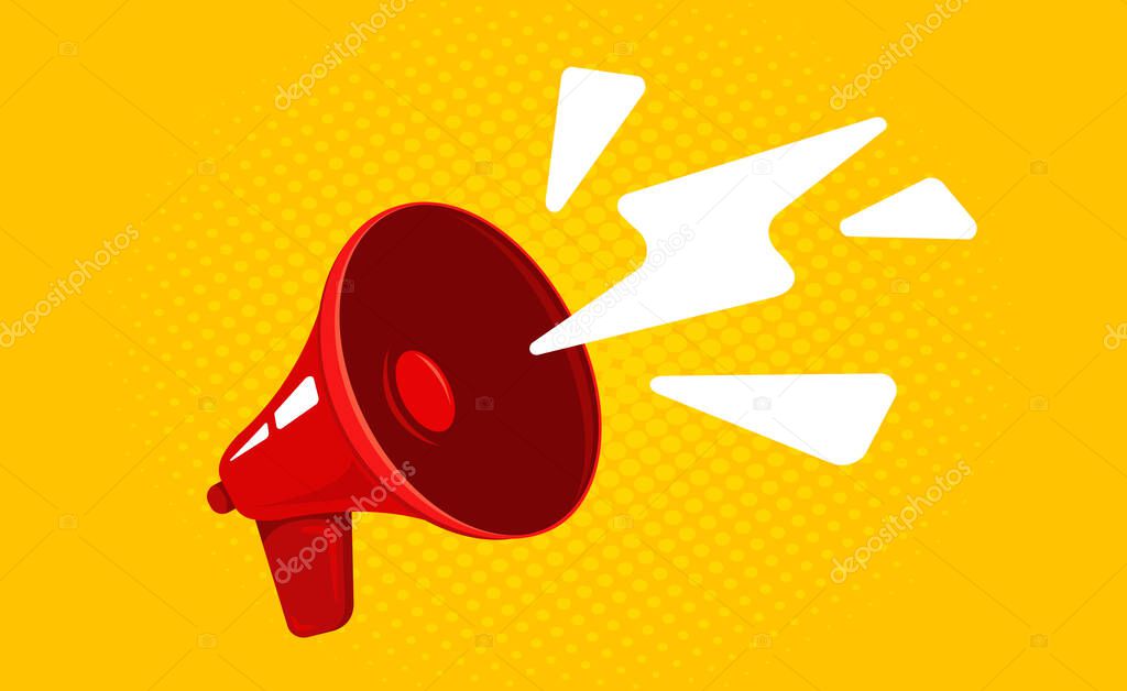 Vector icon of vintage red megaphone. Vector retro red megaphone on vintage yellow background