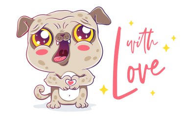 Kawaii tarzında şirin bir köpeğin vektör çizimi. Sevgililer Günü 'nde Chibi tarzında kalpleri olan sevimli bir köpek..