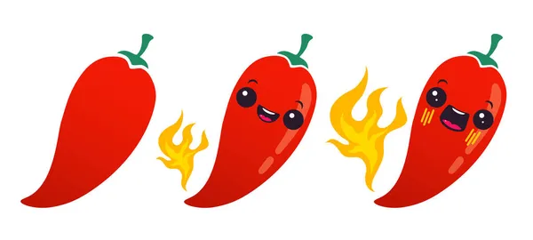 Wektor Zestaw Ilustracja Pikantnej Papryki Chili Płomieniem Kreskówkowa Czerwona Papryka — Wektor stockowy