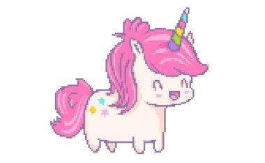 Vector illustration of a kawaii unicorn in pixel art style. Vector cute pixel unicorn with stars in chibi style.