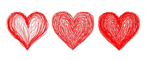 手描きでハートのベクトルセットアイコン バレンタインデーのためのグランジスタイルで赤いハートのベクトルイラスト — ストックベクタ