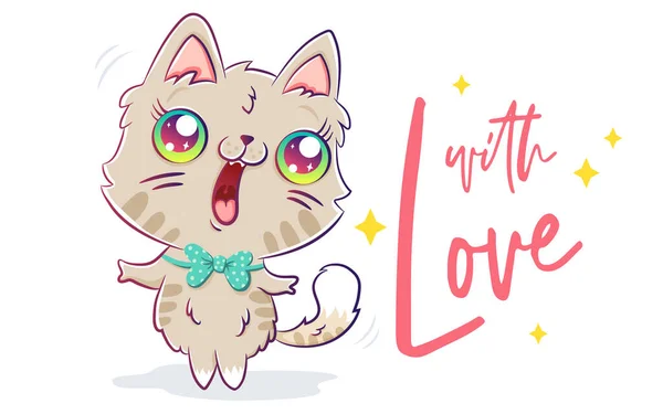 Illustrazione Vettoriale Simpatico Gatto Stile Kawaii Carino Gatto Con Cuori — Vettoriale Stock