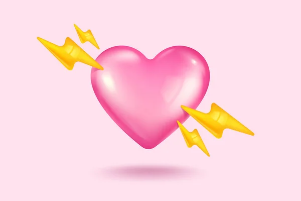 情人节具有现实3D风格的带闪电的粉色心形矢量图标 粉红底色心形矢量现实横幅 — 图库矢量图片