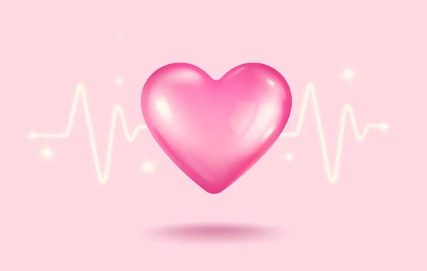 粉红心脏的矢量图标与脉动情人节在现实的3D风格 粉红背景下心脉相投的矢量现实横幅 — 图库矢量图片