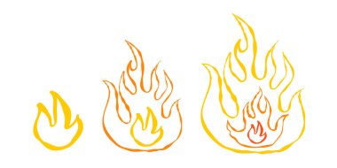 Vektör, elinde üç tane ateş ikonu çizim stili oluşturdu. Elle çizim tarzındaki oyunlar için alevin vektör çizimleri.