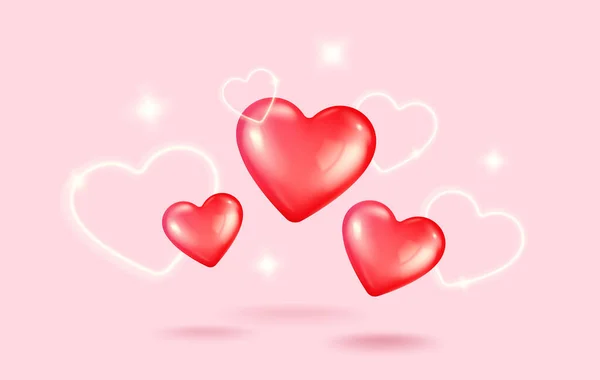 情人节红心的矢量图标在现实的3D风格 粉红底色心形矢量现实横幅 矢量图形