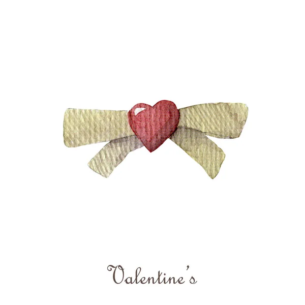 Aquarel Valentijnsdag clipart. rood hart met groen lint geïsoleerd op witte achtergrond. — Stockfoto