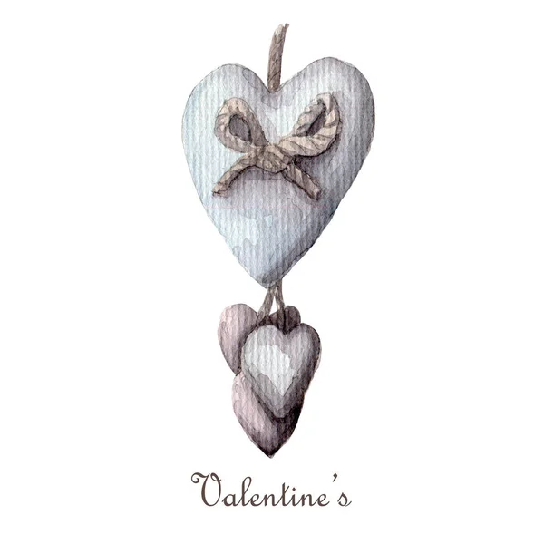 Υδατογραφία Αγίου Βαλεντίνου clipart ημέρα. υφασμάτινη καρδιά με διακόσμηση φιόγκο Απομονωμένη σε λευκό φόντο. — Φωτογραφία Αρχείου