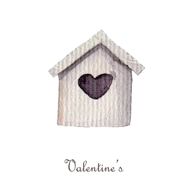Aquarel Valentijnsdag clipart. houten huis Geïsoleerd op witte achtergrond. Harten, liefde, handgemaakt. — Stockfoto