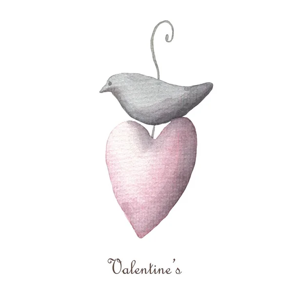 Aquarel Valentijnsdag clipart. vogel met roze hart Geïsoleerd op witte achtergrond. Harten, liefde, handgemaakt. Perfect voor wenskaarten, posters, textiel, papier en ander design. — Stockfoto