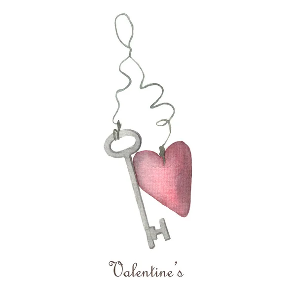 하얀 배경에 심장을 고립시키는 열쇠. 워터 컬러 발렌틴 데이 클럭 부분. — 스톡 사진