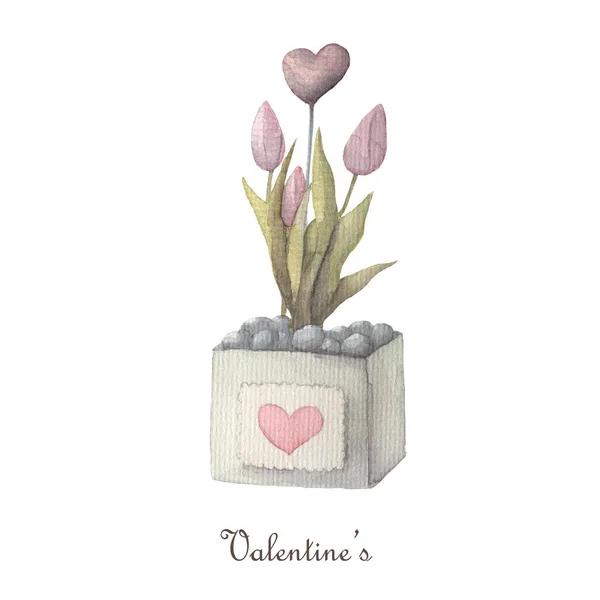 Bloemen in een pot met een hartvormige decoratie Geïsoleerd op witte achtergrond. Aquarel Valentijnsdag clipart. — Stockfoto
