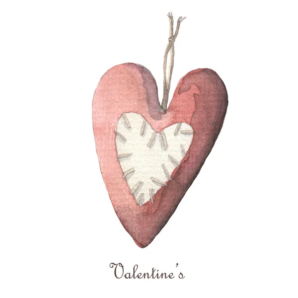 Hand gestikt hart hanger Geïsoleerd op witte achtergrond. Aquarel Valentijnsdag clipart. — Stockfoto
