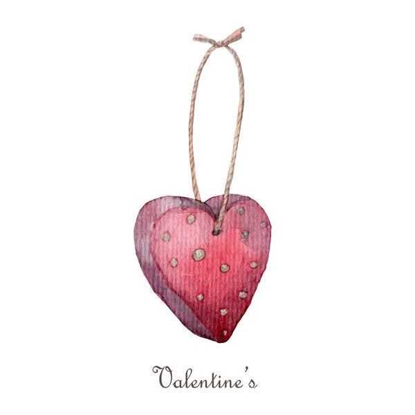 Hanger roze hart met stippen gestikt op witte achtergrond. Aquarel Valentijnsdag clipart. — Stockfoto